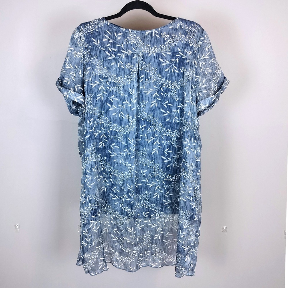 Floral Layered High Low Blouse Large Blue Sheer Lavena Short Sleeve Top - Picture 2 of 4
